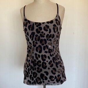 Leopard print mesh tank top, camisole, beads and sequins, lined, M